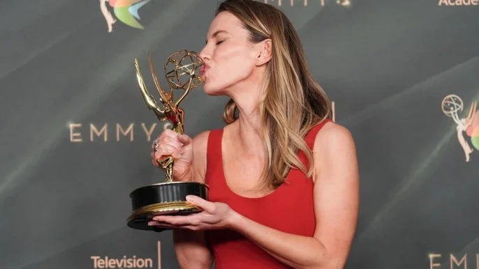 Betty Gilpin poses in the press room with the award for outstanding guest actress in a comedy series for "Widow's Bay" during night two of the Creative Arts Emmy Awards.